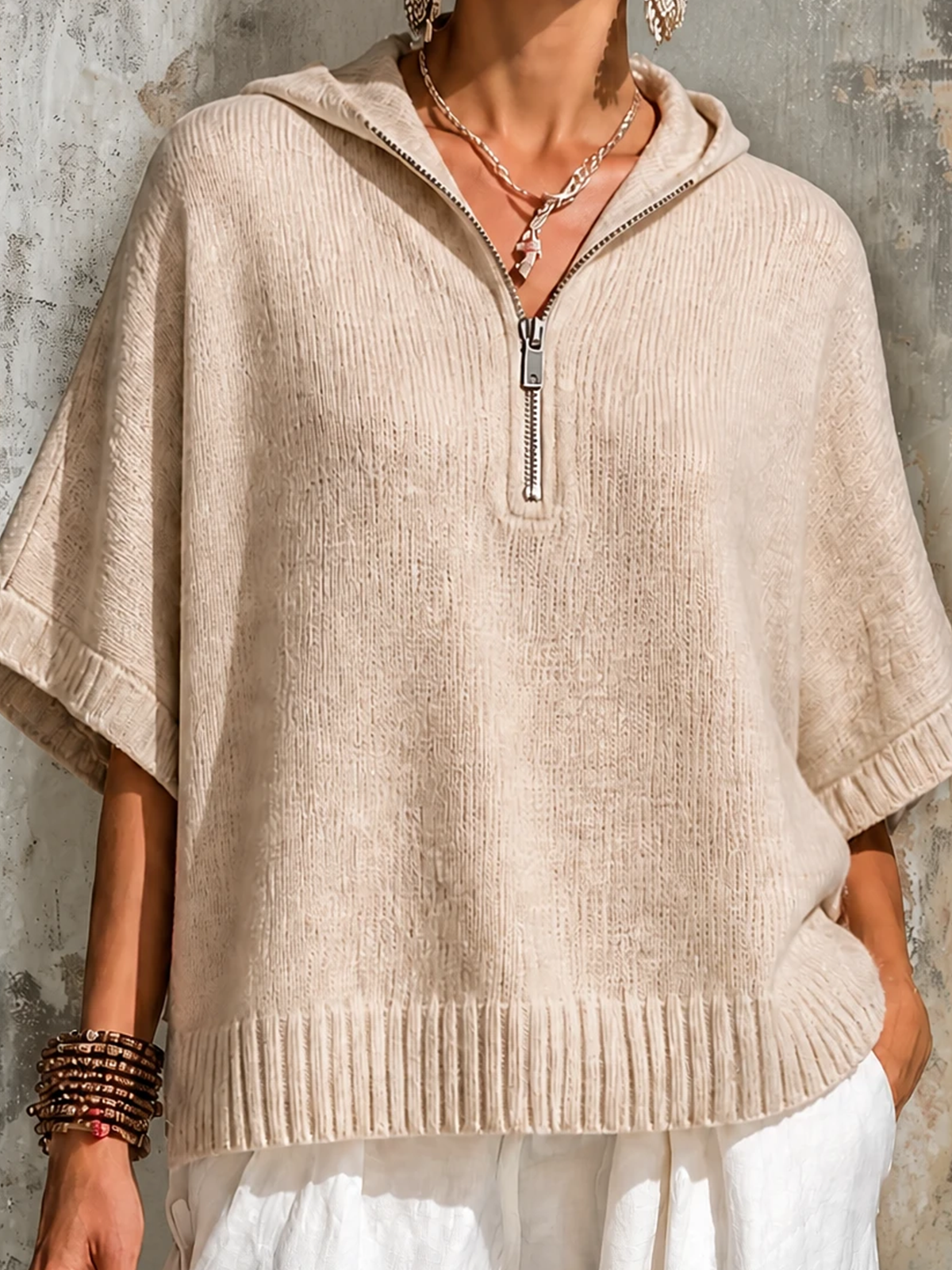 Chic Casual Oatmeal Hooded Zipper-Front Half Sleeve Loose-Fit Knit Sweater Top