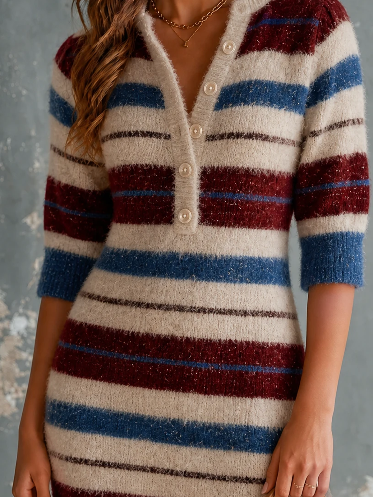 Chic Elegant Cream-Blue-Burgundy Stripes Button-Front Half Sleeve Slim-Fit Knit Mini Dress