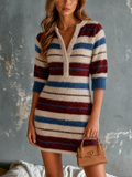 Chic Elegant Cream-Blue-Burgundy Stripes Button-Front Half Sleeve Slim-Fit Knit Mini Dress