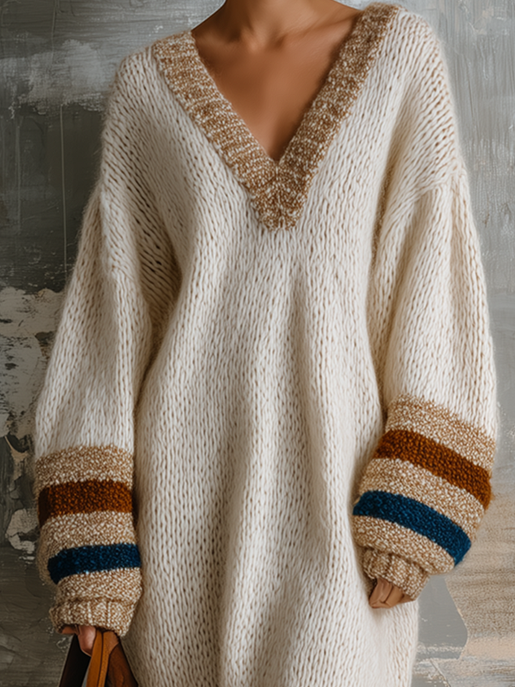 Chic Elegant Off-White V-Neck Contrast Stripe Long-Sleeve Loose-Fit Knit Midi Dress