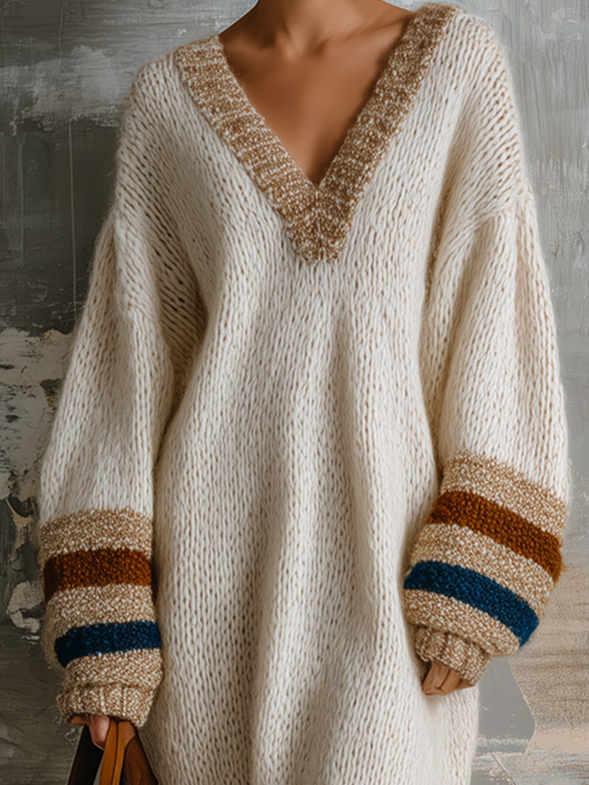 Chic Elegant Off-White V-Neck Contrast Stripe Long-Sleeve Loose-Fit Knit Midi Dress