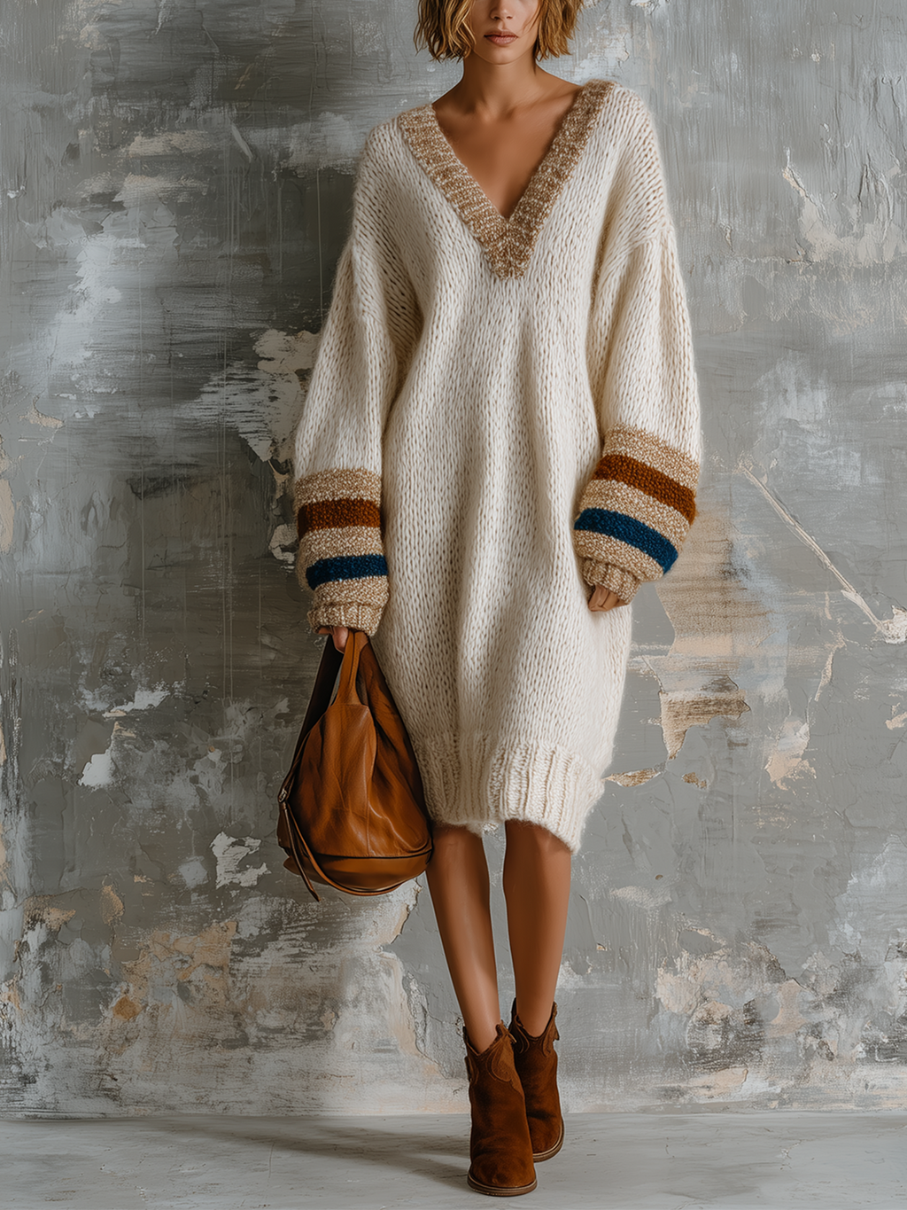 Chic Elegant Off-White V-Neck Contrast Stripe Long-Sleeve Loose-Fit Knit Midi Dress