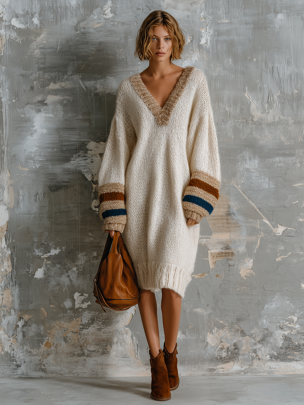 Chic Elegant Off-White V-Neck Contrast Stripe Long-Sleeve Loose-Fit Knit Midi Dress