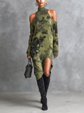 Chic Casual Army Green Camouflage Jacquard Turtleneck Shoulder-Cutout Long-Sleeve Asymmetrical Hem Knit Midi Dress