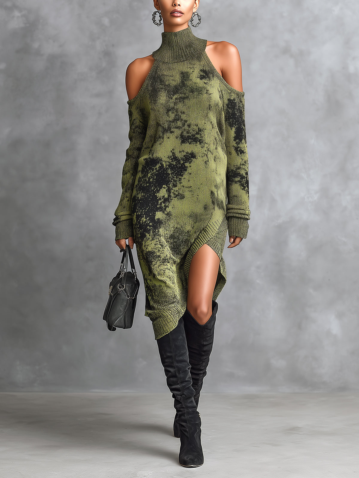 Chic Casual Army Green Camouflage Jacquard Turtleneck Shoulder-Cutout Long-Sleeve Asymmetrical Hem Knit Midi Dress