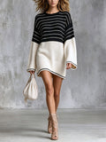 Chic Casual Black-White Colorblock Stripes Round-Neck Long-Flare-Sleeve Loose-Fit Knit Mini Dress