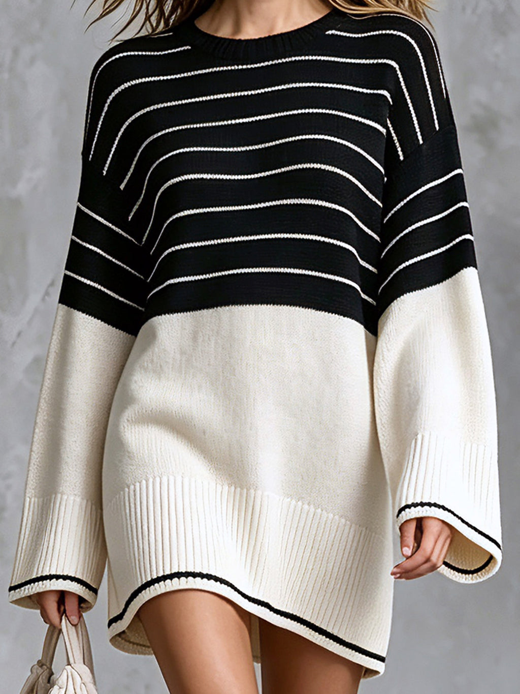 Chic Casual Black-White Colorblock Stripes Round-Neck Long-Flare-Sleeve Loose-Fit Knit Mini Dress