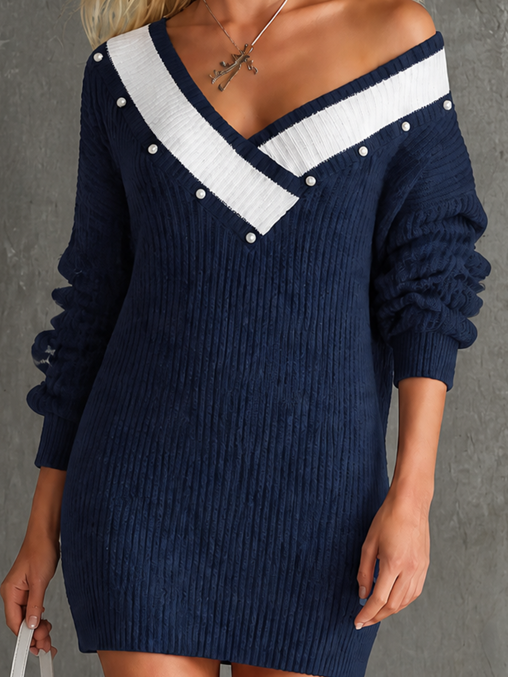 Chic Elegant Navy Blue Off‑Shoulder V‑Neck Button Detail Contrast Trim Long-Sleeve Slim-Fit Ribbed Knit Mini Dress