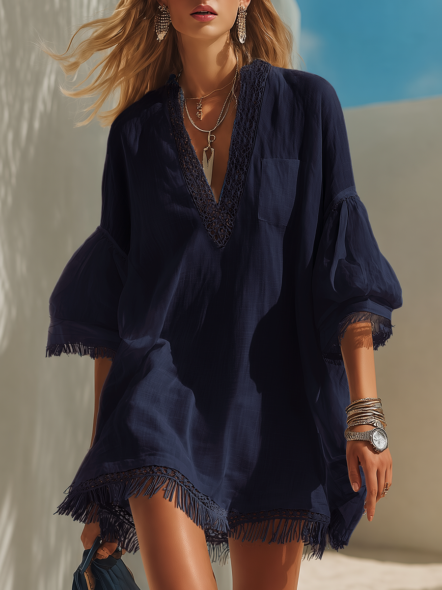 Bohemian White Cotton Linen V-neck Lace Tassel Loose Mini Dress