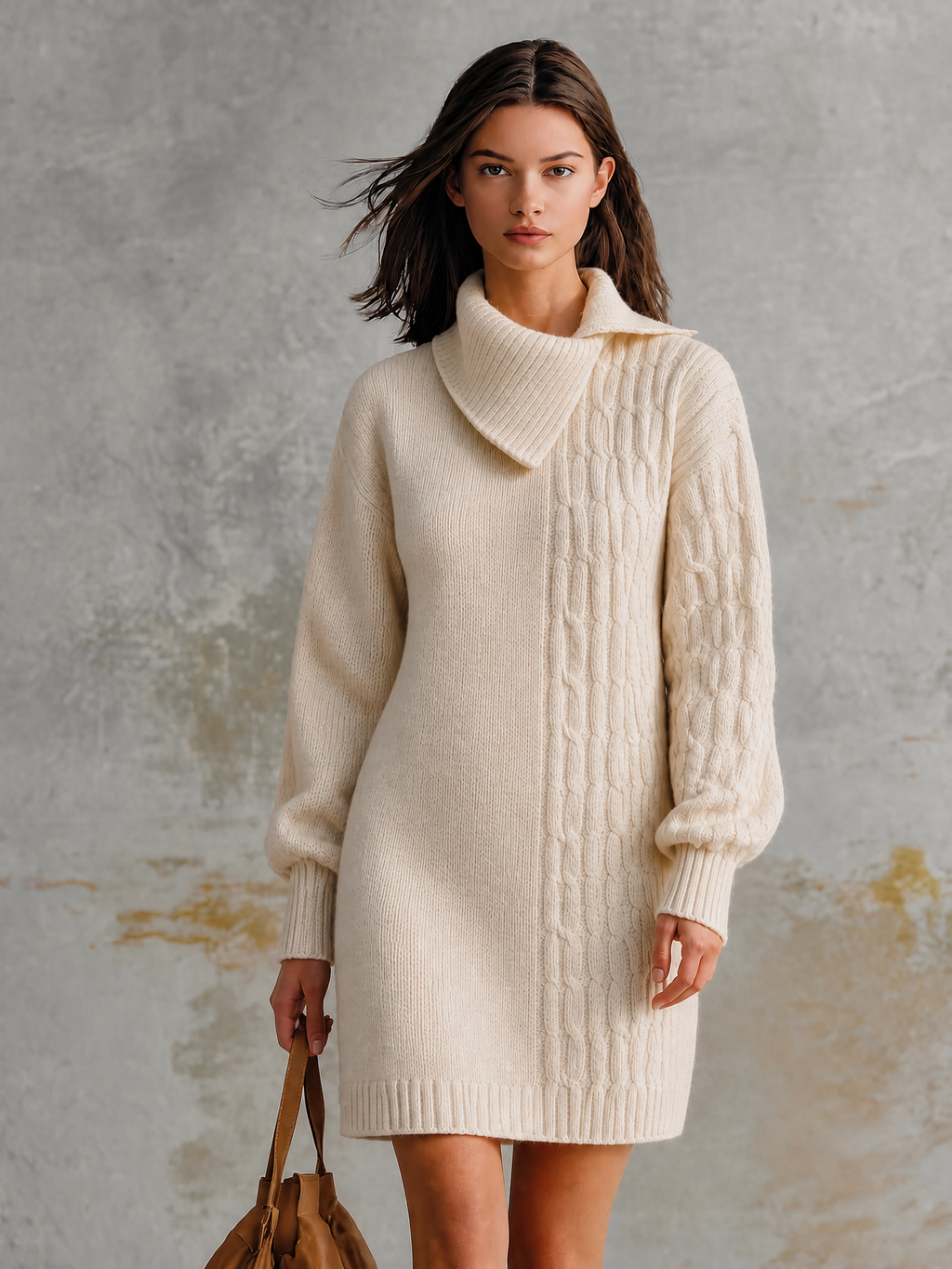 Chic Casual Off‑White Asymmetrical Wrap Collar Long-Sleeve Panel Cable Loose-Fit Knit Mini Dress