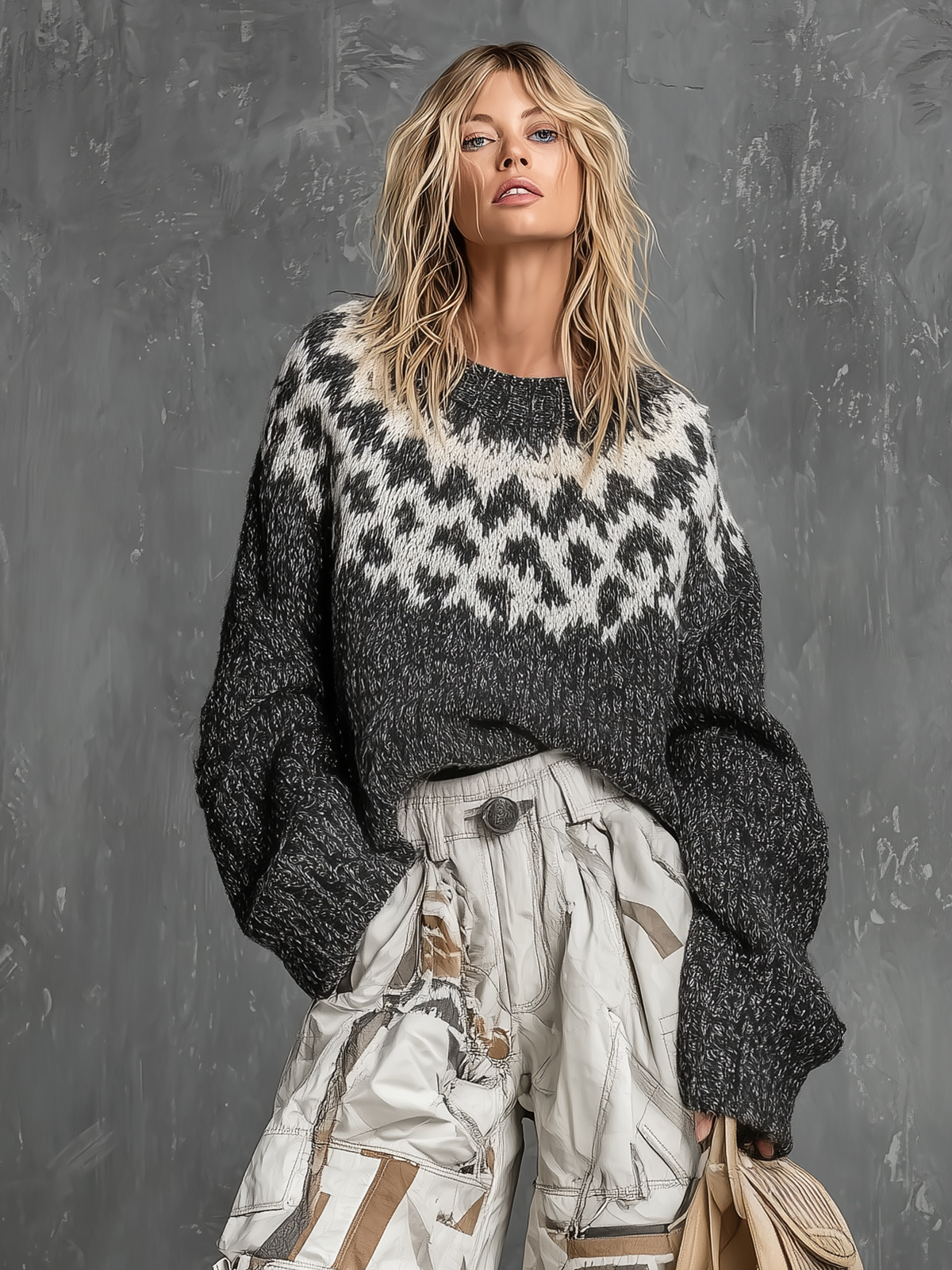 Chic Casual Charcoal Fair Isle Jacquard Round-Neck Long-Sleeve Loose-Fit Knit Sweater Top