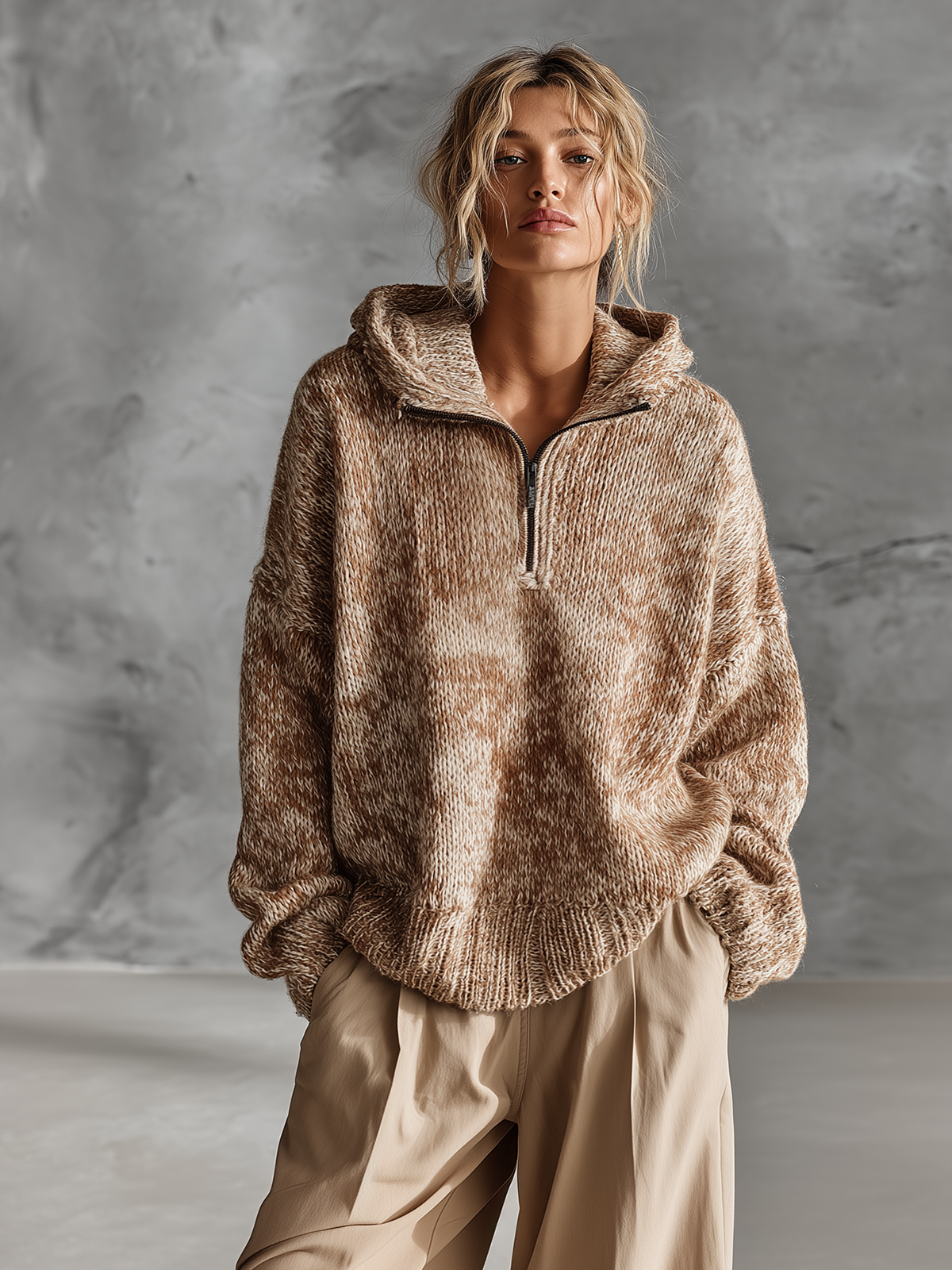 Chic Casual Camel Half‑Zip Hooded Long-Sleeve Loose-Fit Marled Knit Sweater Top
