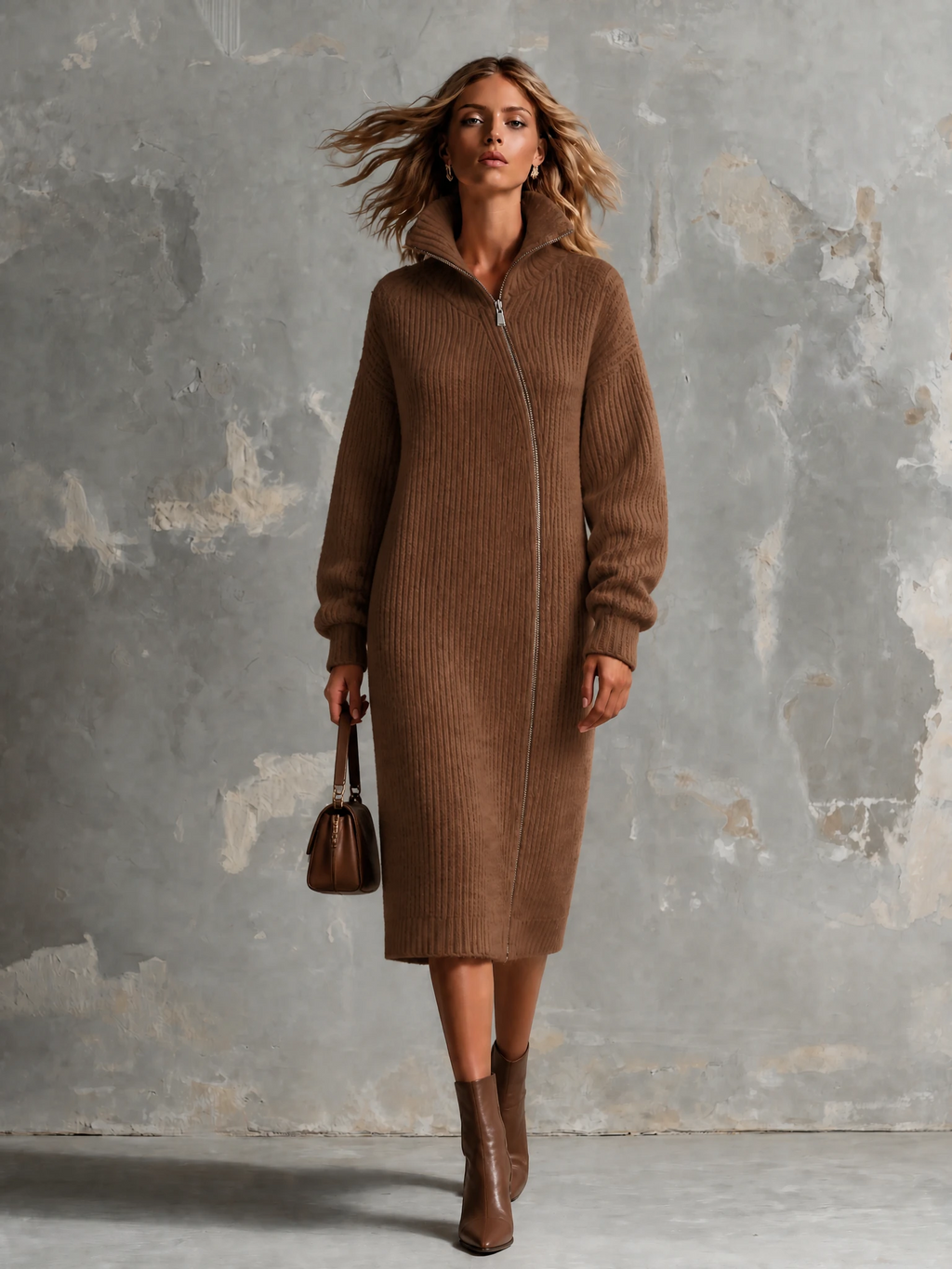 Chic Elegant Brown Stand High Collar Asymmetrical Zipper Long-Sleeve Loose-Fit Ribbed Knit Midi Dress
