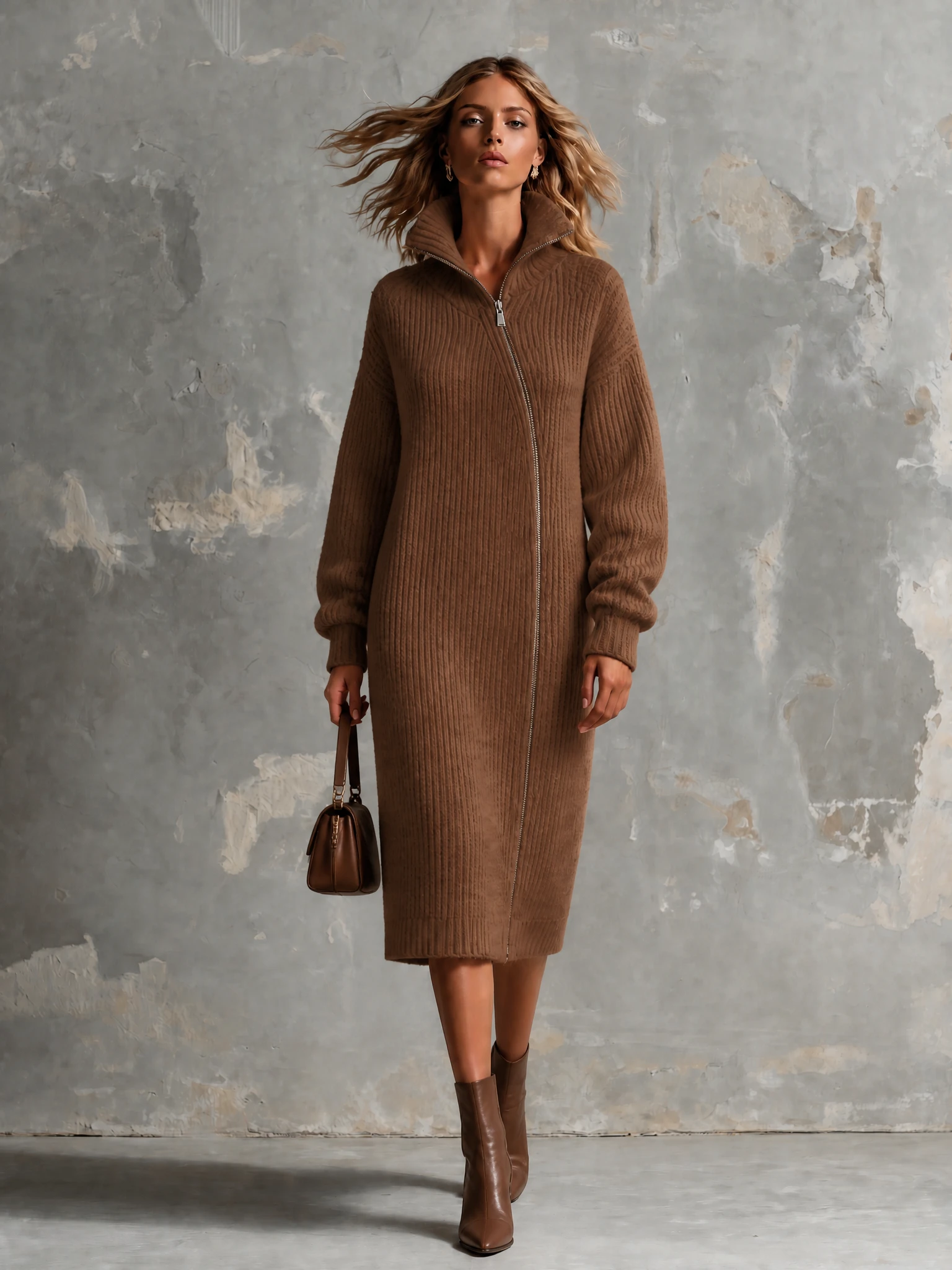 Chic Elegant Brown Stand High Collar Asymmetrical Zipper Long-Sleeve Loose-Fit Ribbed Knit Midi Dress
