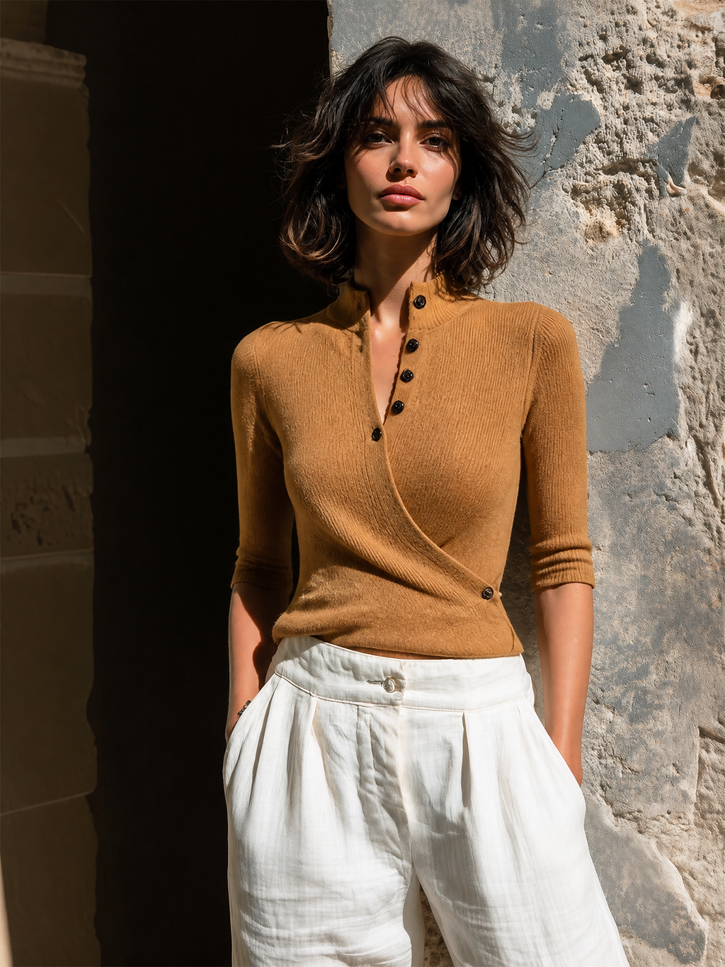 Chic Casual Camel Stand Collar Wrap‑Front Button Up Half‑Sleeve Slim-Fit Knit Sweater Top