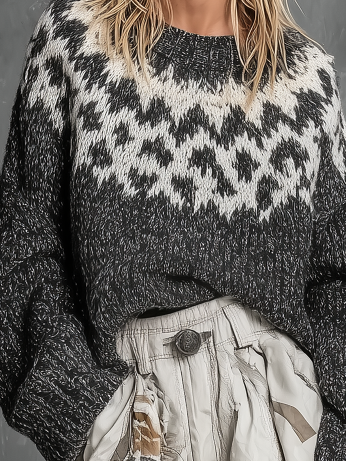 Chic Casual Charcoal Fair Isle Jacquard Round-Neck Long-Sleeve Loose-Fit Knit Sweater Top