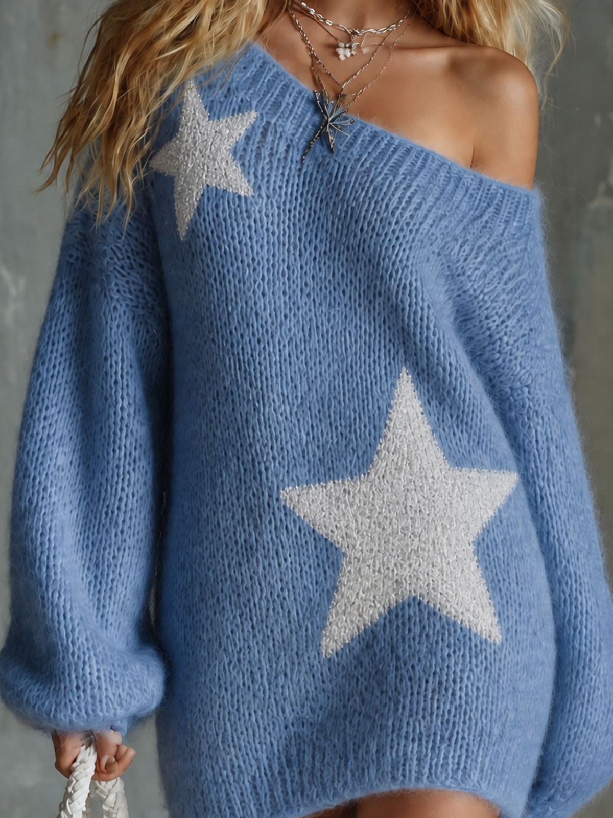 Chic Casual Light Blue Off‑Shoulder Star Jacquard Long-Sleeve Loose-Fit Knit Mini Dress