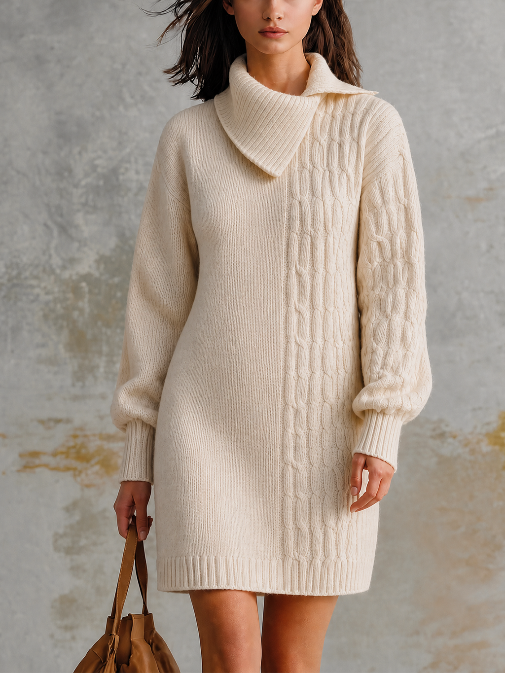 Chic Casual Off‑White Asymmetrical Wrap Collar Long-Sleeve Panel Cable Loose-Fit Knit Mini Dress
