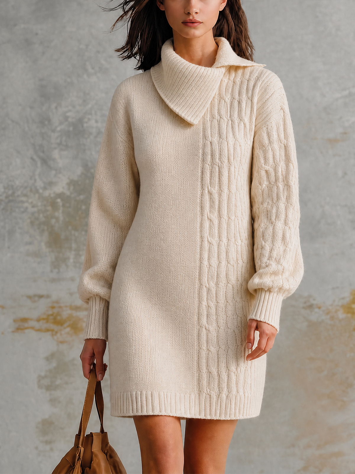 Chic Casual Off‑White Asymmetrical Wrap Collar Long-Sleeve Panel Cable Loose-Fit Knit Mini Dress