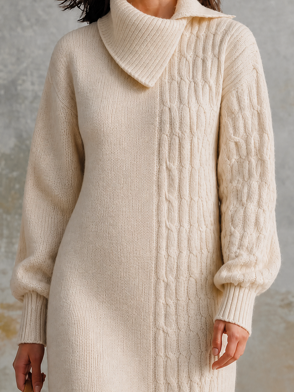 Chic Casual Off‑White Asymmetrical Wrap Collar Long-Sleeve Panel Cable Loose-Fit Knit Mini Dress