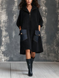 Chic Casual Black Zipper-Up Lapel Collar Half-Sleeve Blue Denim Patch Pockets A-Line Loose-Fit Knit Midi Dress