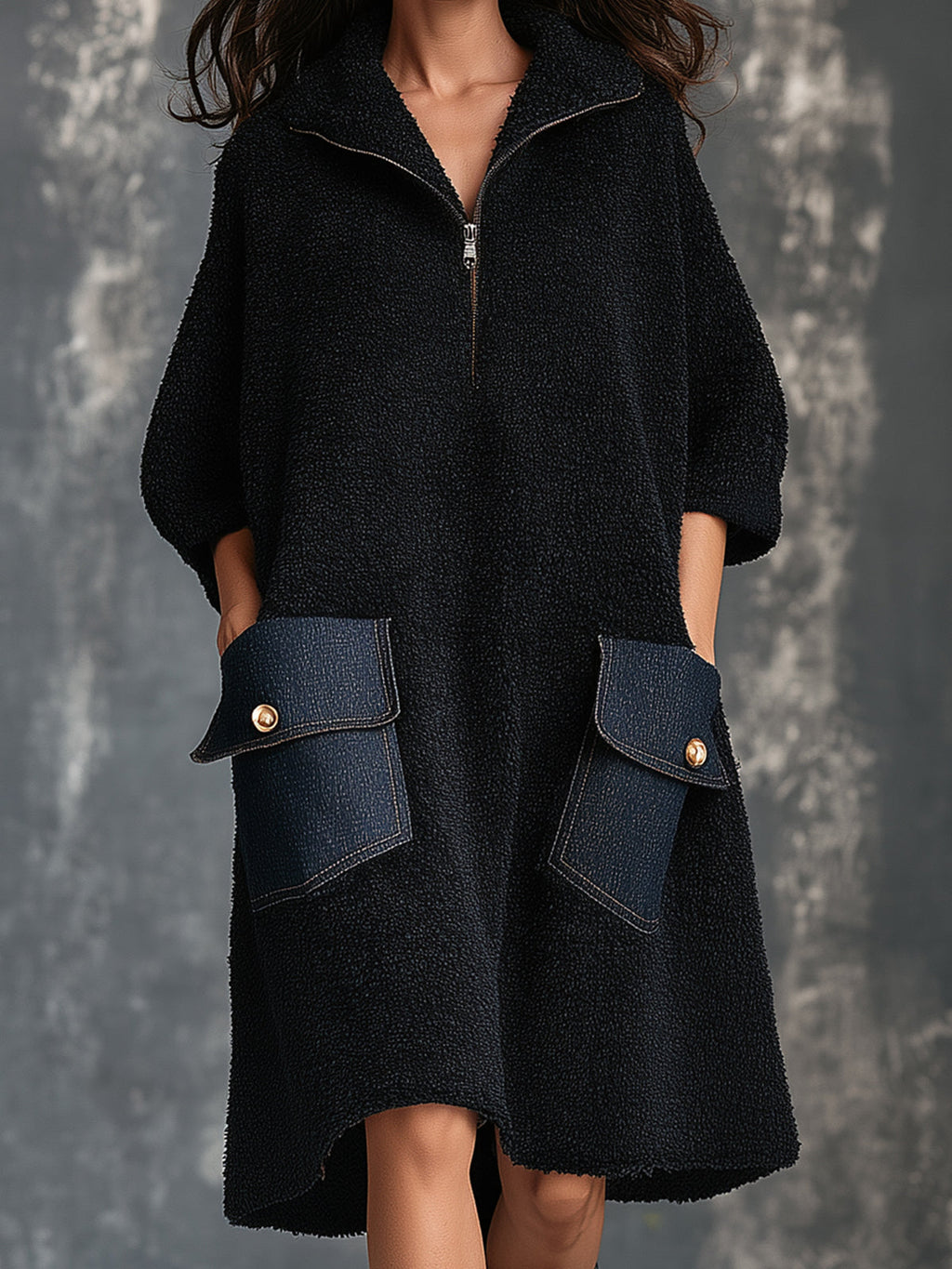 Chic Casual Black Zipper-Up Lapel Collar Half-Sleeve Blue Denim Patch Pockets A-Line Loose-Fit Knit Midi Dress