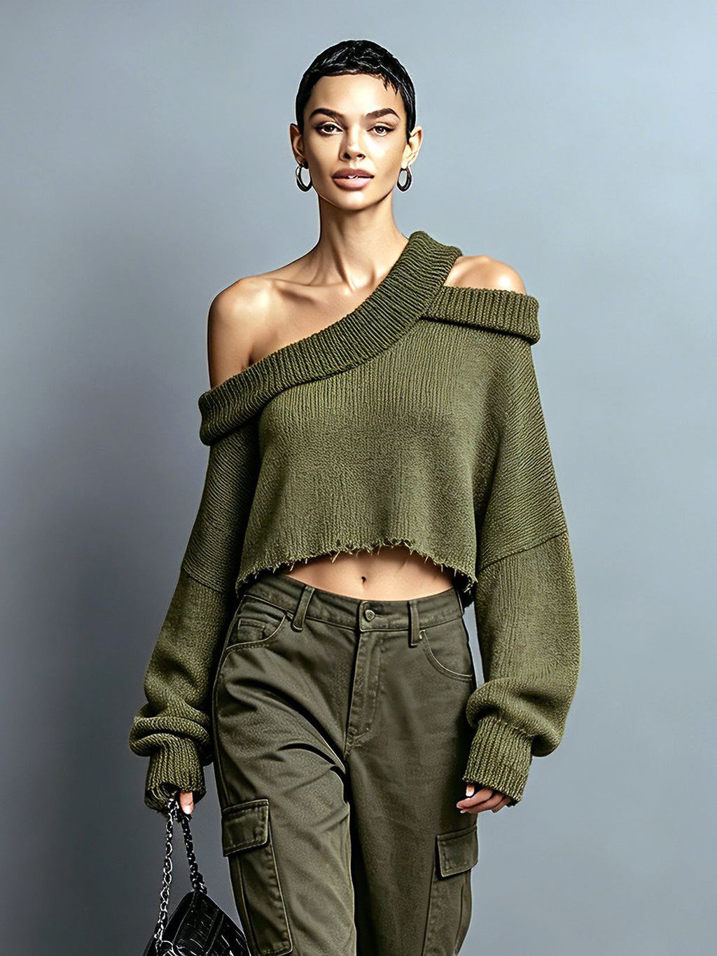 Chic Casual Army Green Asymmetrical Neck Cold-Shoulder Long-Sleeve Raw Edge Detail Loose-Fit Knit Cropped Sweater