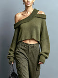 Chic Casual Army Green Asymmetrical Neck Cold-Shoulder Long-Sleeve Raw Edge Detail Loose-Fit Knit Cropped Sweater