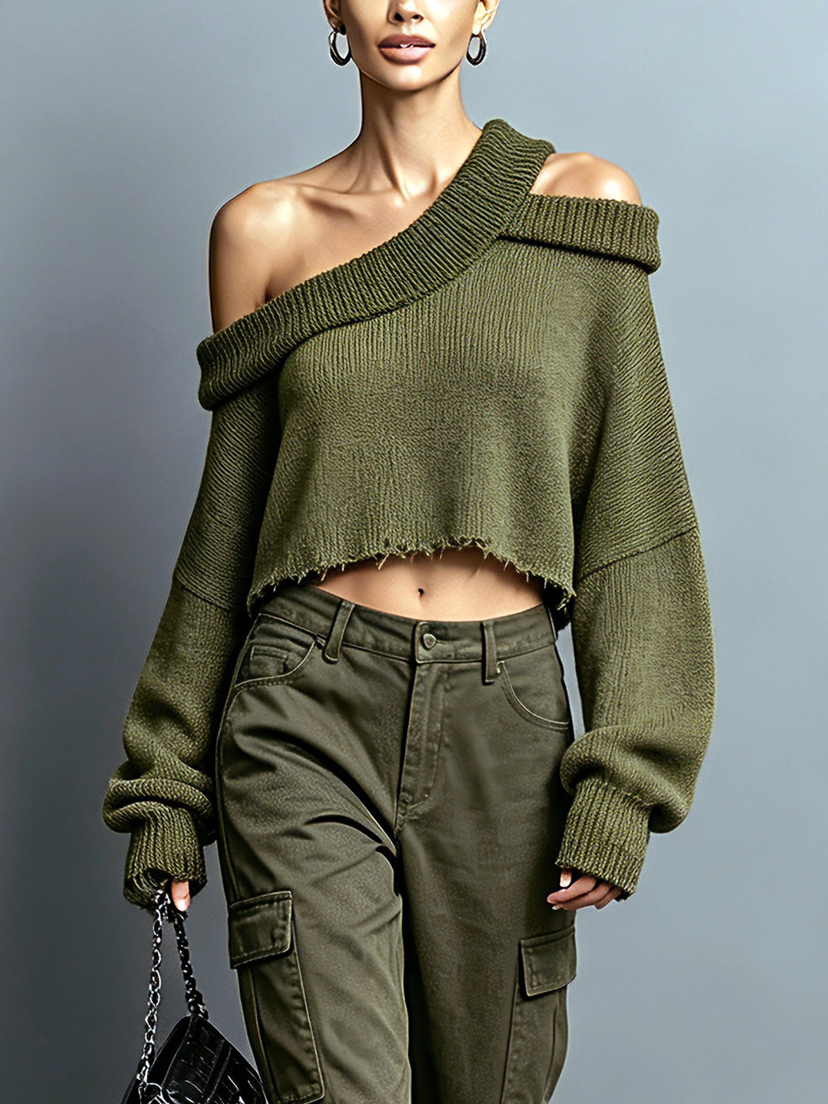 Chic Casual Army Green Asymmetrical Neck Cold-Shoulder Long-Sleeve Raw Edge Detail Loose-Fit Knit Cropped Sweater