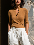 Chic Casual Camel Stand Collar Wrap‑Front Button Up Half‑Sleeve Slim-Fit Knit Sweater Top