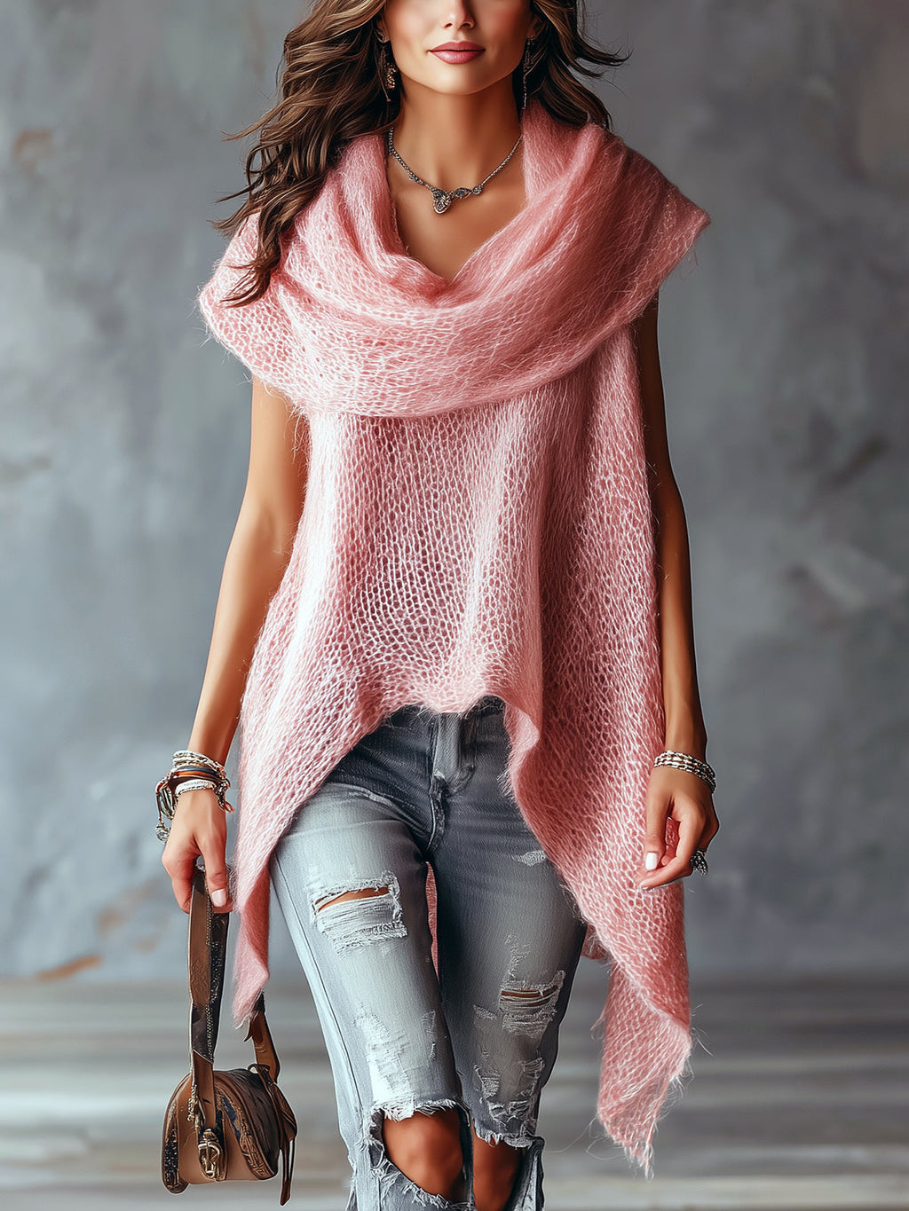 Chic Elegant Pink Cowl Neck Sleeveless Asymmetrical Hem Loose-Fit Soft Mesh Knit Vest Top