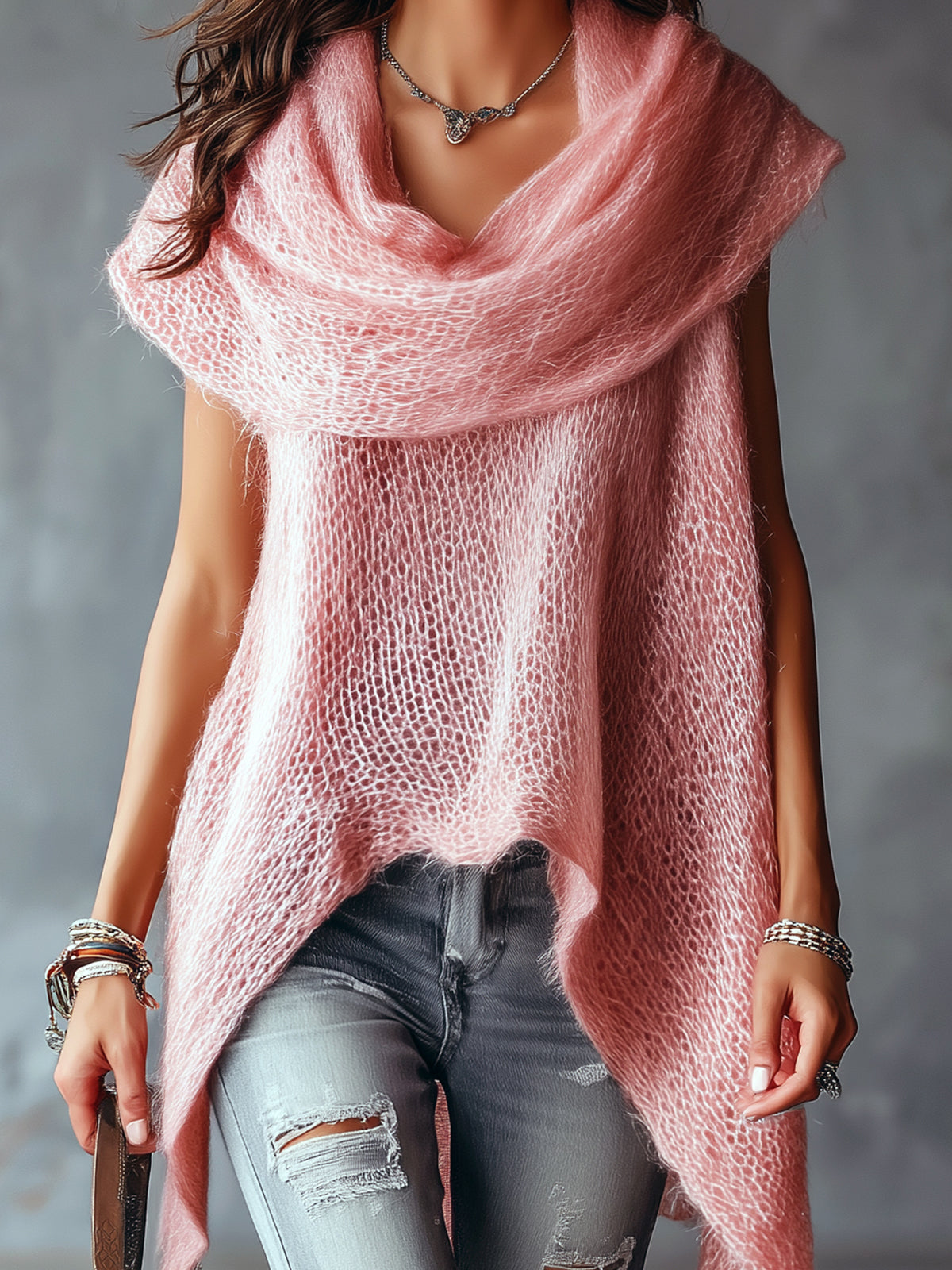 Chic Elegant Pink Cowl Neck Sleeveless Asymmetrical Hem Loose-Fit Soft Mesh Knit Vest Top
