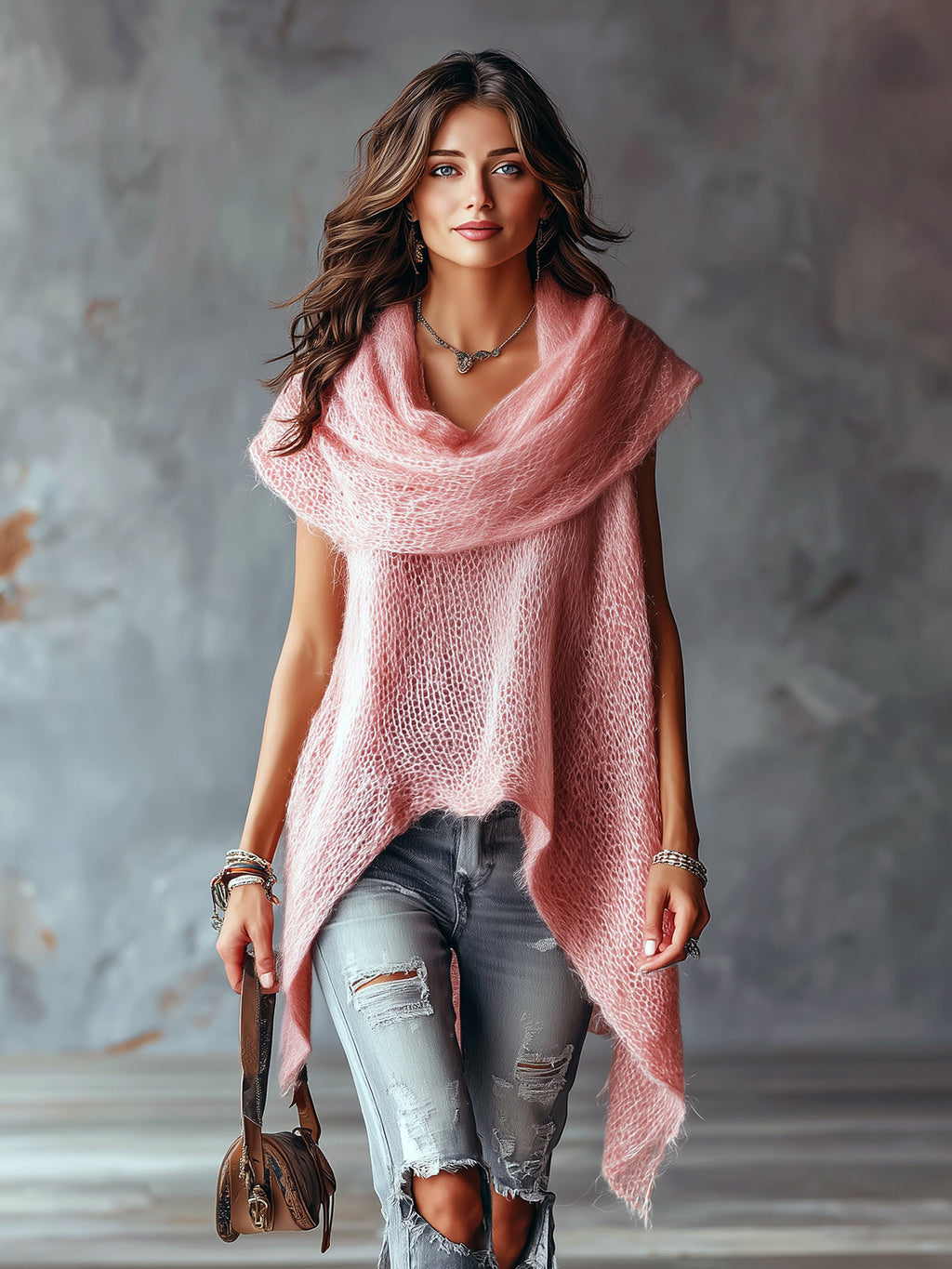 Chic Elegant Pink Cowl Neck Sleeveless Asymmetrical Hem Loose-Fit Soft Mesh Knit Vest Top