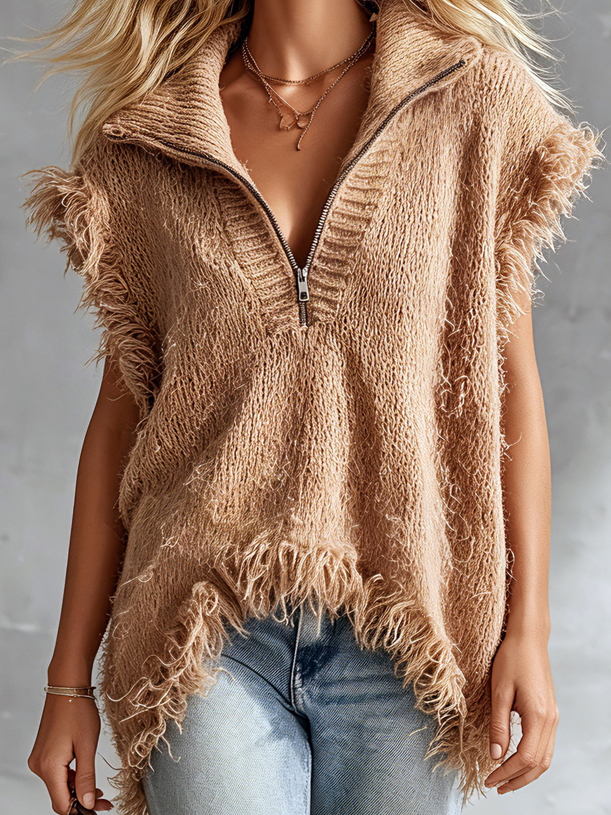Chic Elegant Camel Zipper-Up Lapel Collar Sleeveless Fringe Detail Asymmetrical Hem Loose-Fit Knit Vest Top