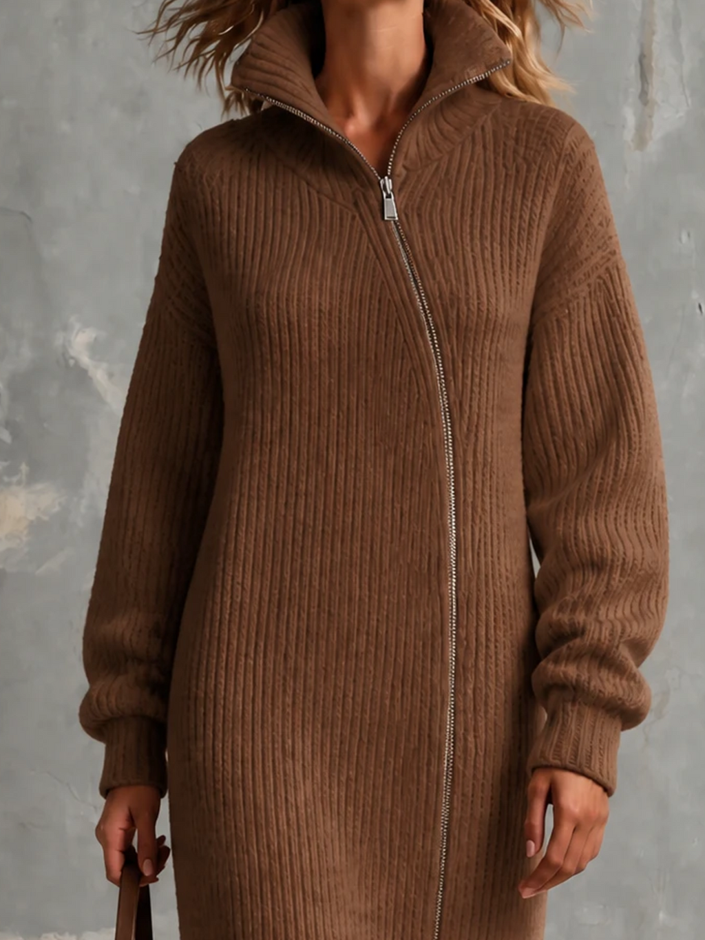 Chic Elegant Brown Stand High Collar Asymmetrical Zipper Long-Sleeve Loose-Fit Ribbed Knit Midi Dress