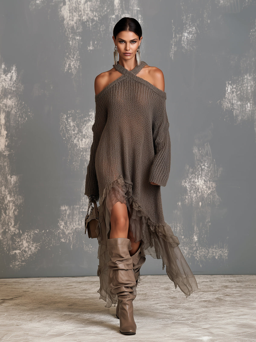 Chic Elegant Brown Halter-Neck Cold-Shoulder Long-Sleeve Asymmetrical Mesh Ruffled Hem Loose-Fit Knit Midi Dress