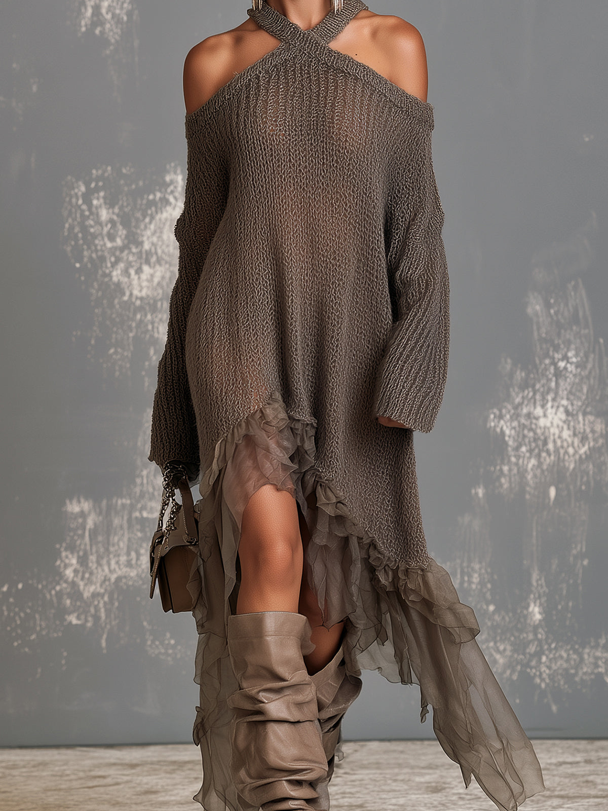 Chic Elegant Brown Halter-Neck Cold-Shoulder Long-Sleeve Asymmetrical Mesh Ruffled Hem Loose-Fit Knit Midi Dress