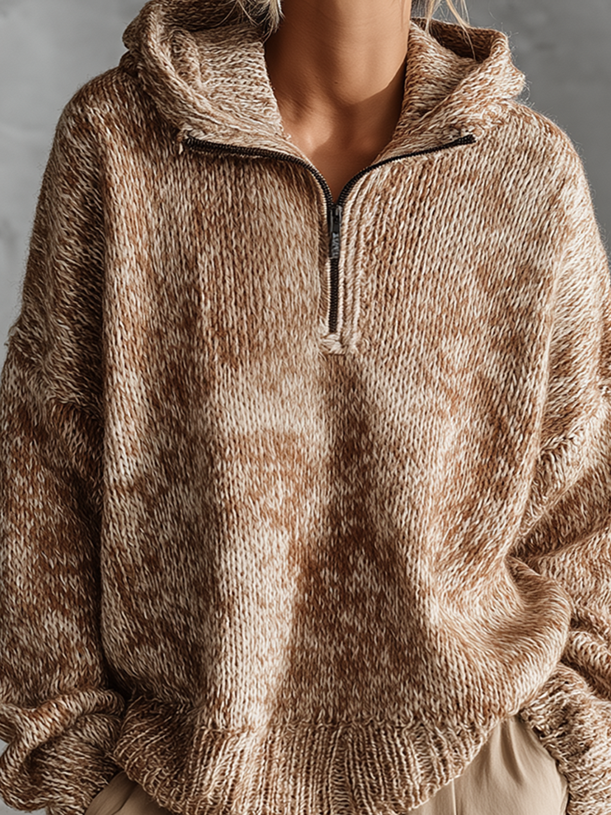 Chic Casual Camel Half‑Zip Hooded Long-Sleeve Loose-Fit Marled Knit Sweater Top