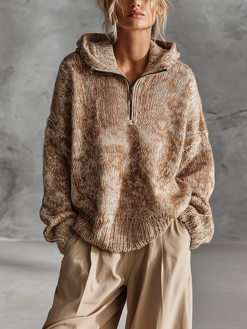 Chic Casual Camel Half‑Zip Hooded Long-Sleeve Loose-Fit Marled Knit Sweater Top