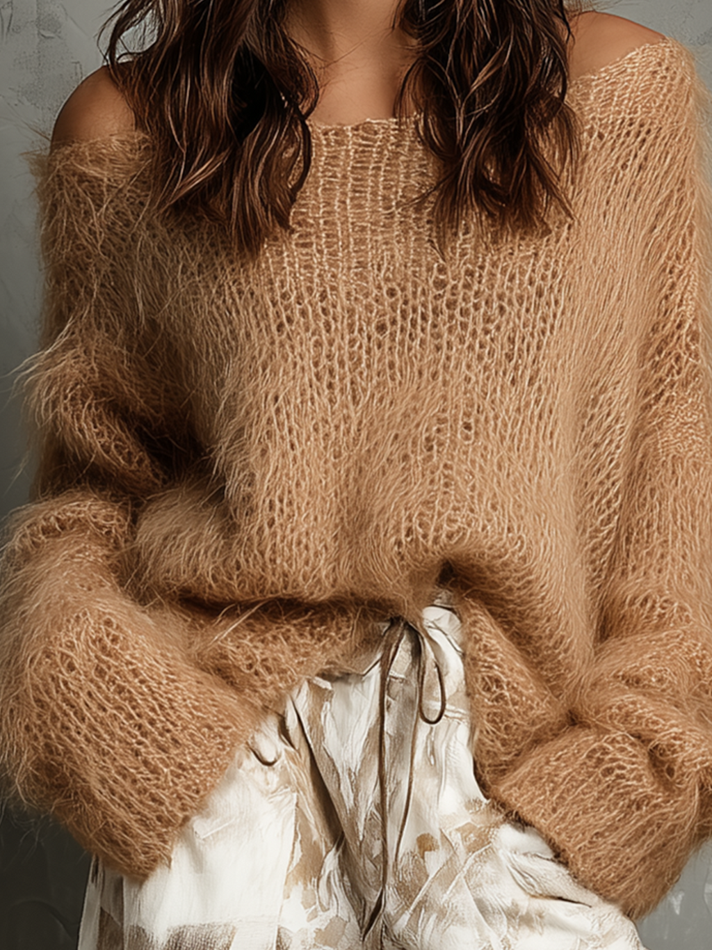 Chic Casual Camel Off‑Shoulder Long-Sleeve Loose-Fit Mohair Knit Sweater Top