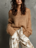 Chic Casual Camel Off‑Shoulder Long-Sleeve Loose-Fit Mohair Knit Sweater Top