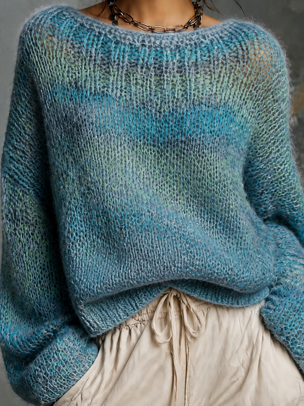 Chic Casual Blue‑Green Gradient Marled Boat‑Neck Long-Sleeve Loose-Fit Knit Sweater Top