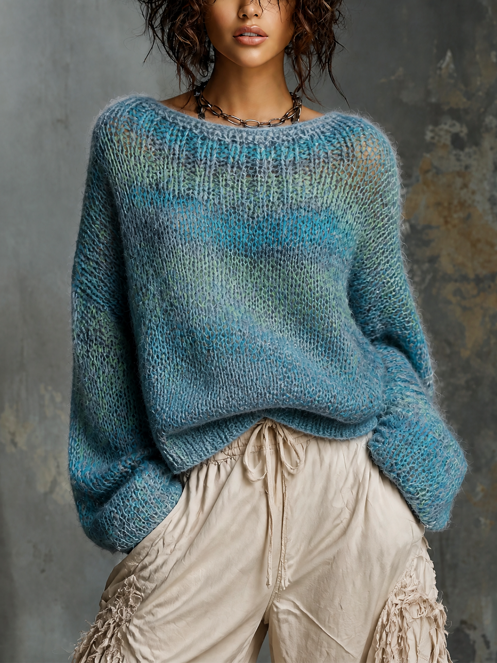 Chic Casual Blue‑Green Gradient Marled Boat‑Neck Long-Sleeve Loose-Fit Knit Sweater Top