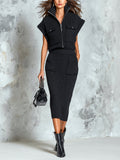 Chic Elegant Black Stand Collar Zipper-Front Dropped Shoulder Vest Bodycon Midi Skirt Patch Pockets Detail Slim-Fit Knit Two-Piece Set