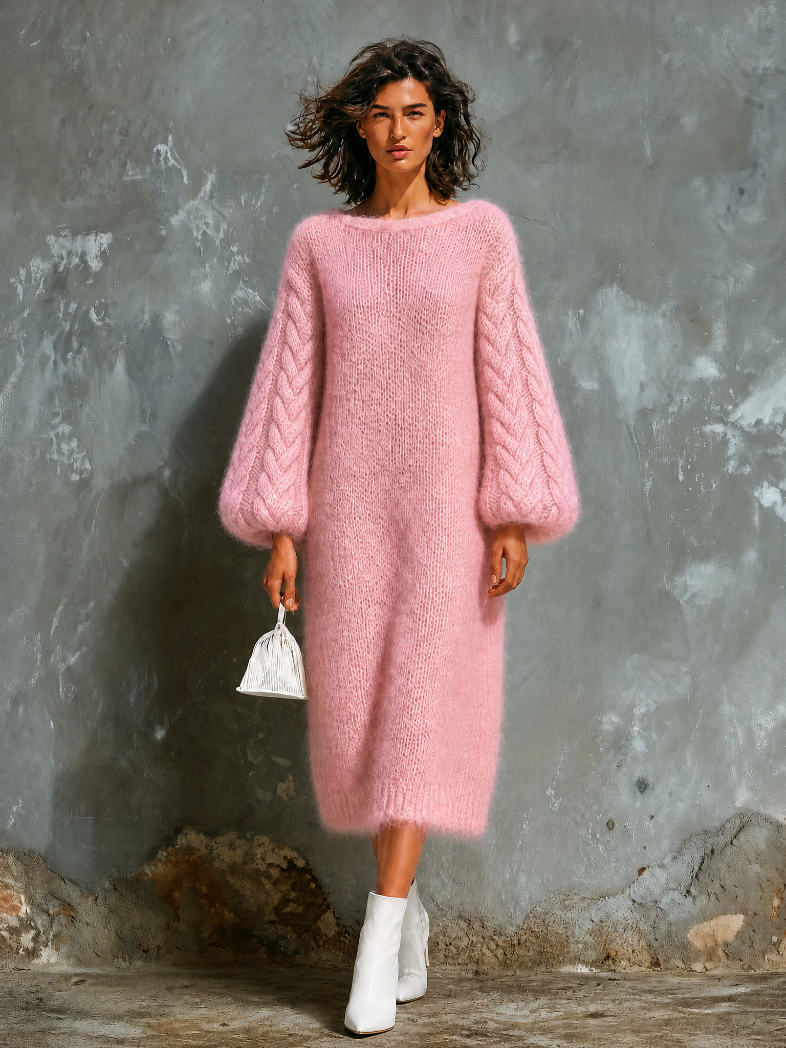 Chic Elegant Pink Boat Neck Cable Balloon‑Sleeve Loose-Fit Mohair‑Blend Knit Midi Dress