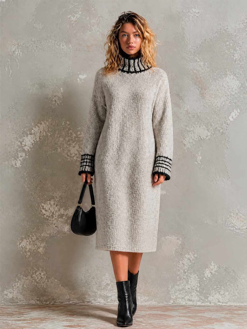 Chic Elegant Light Grey Turtleneck Contrast Trim Long-Sleeve Loose-Fit Knit Midi Dress