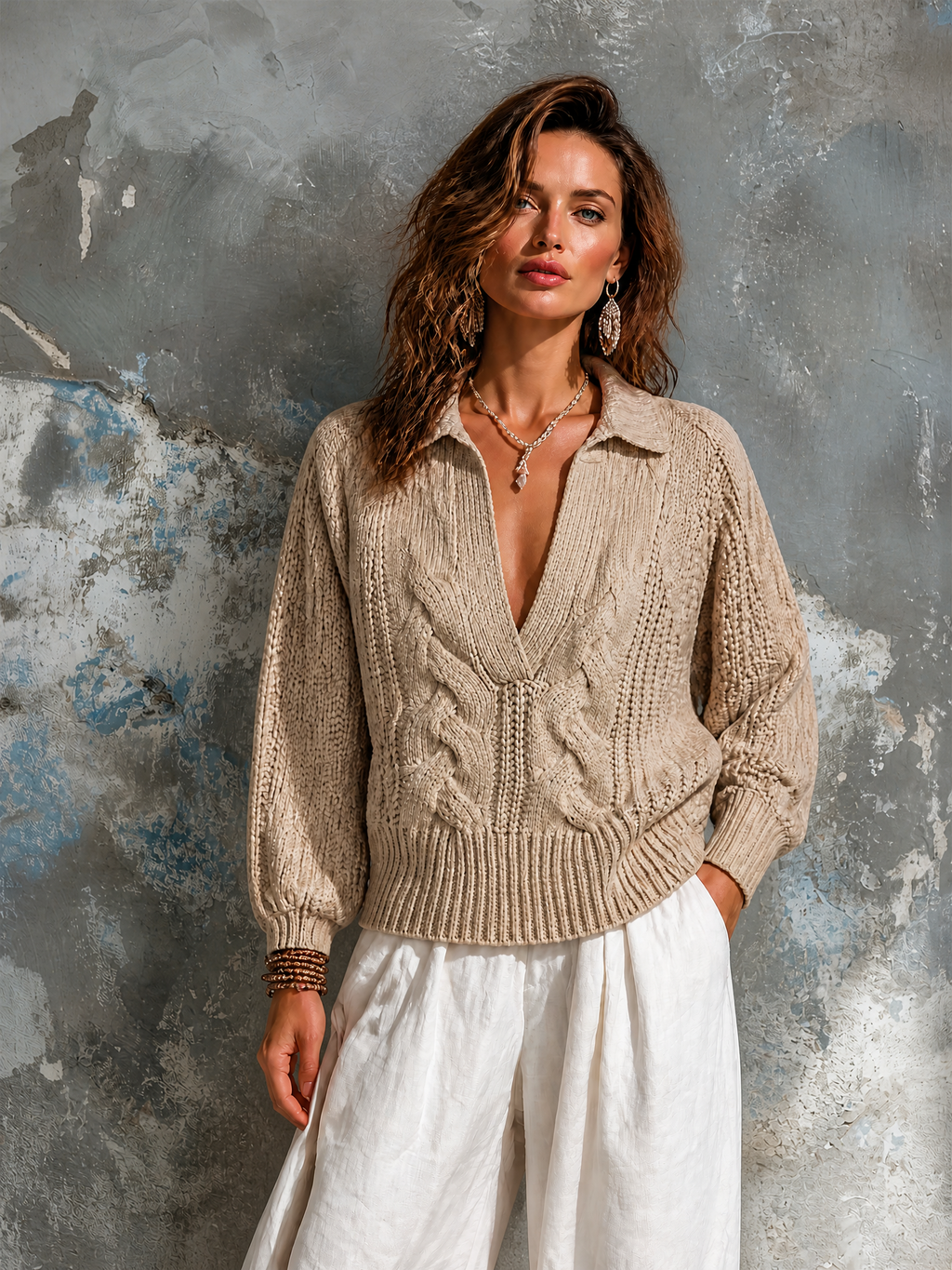 Chic Elegant Beige Lapel Collar V‑Neck Long-Sleeve Loose-Fit Cable Knit Sweater Top