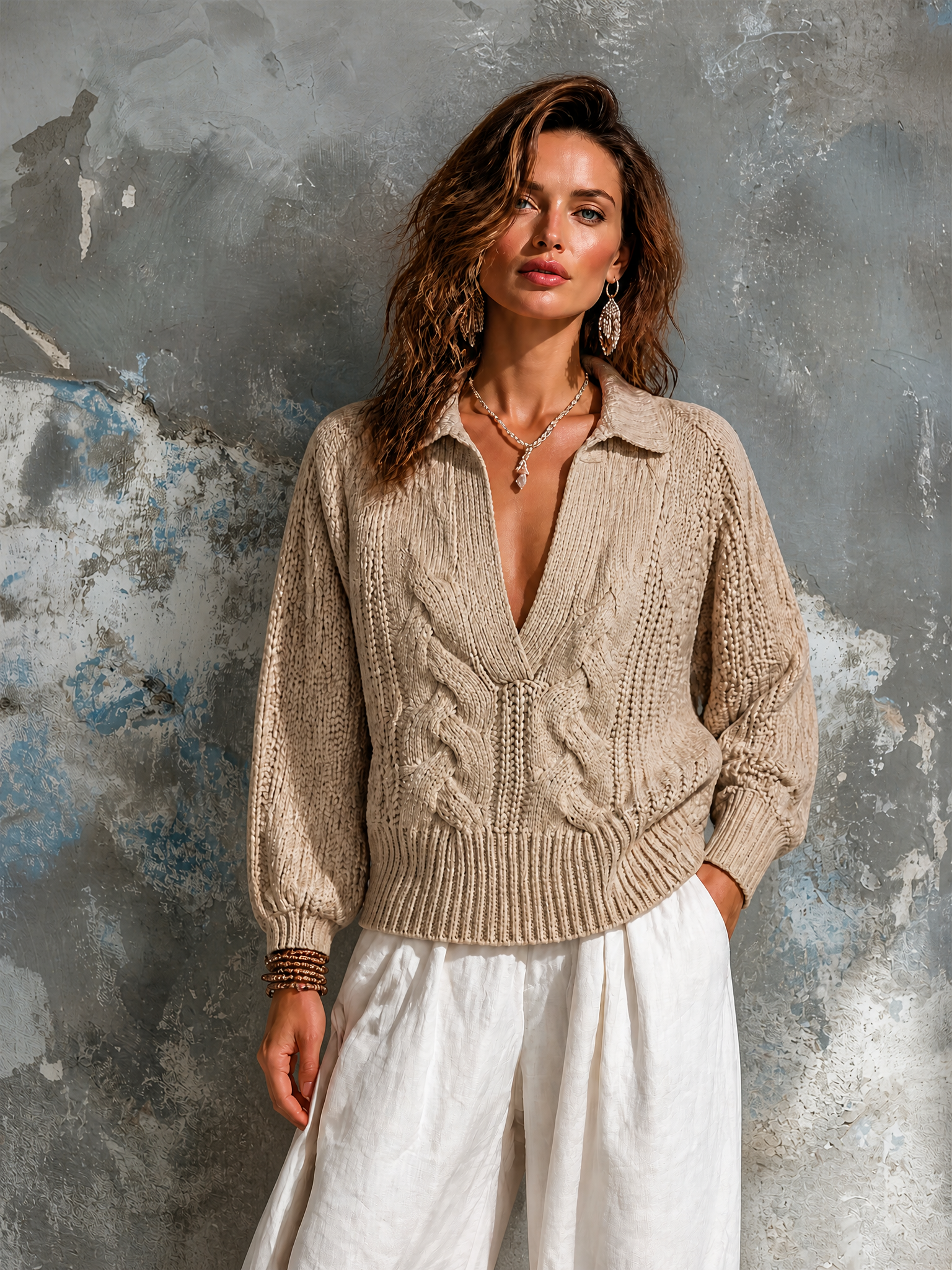 Chic Elegant Beige Lapel Collar V‑Neck Long-Sleeve Loose-Fit Cable Knit Sweater Top