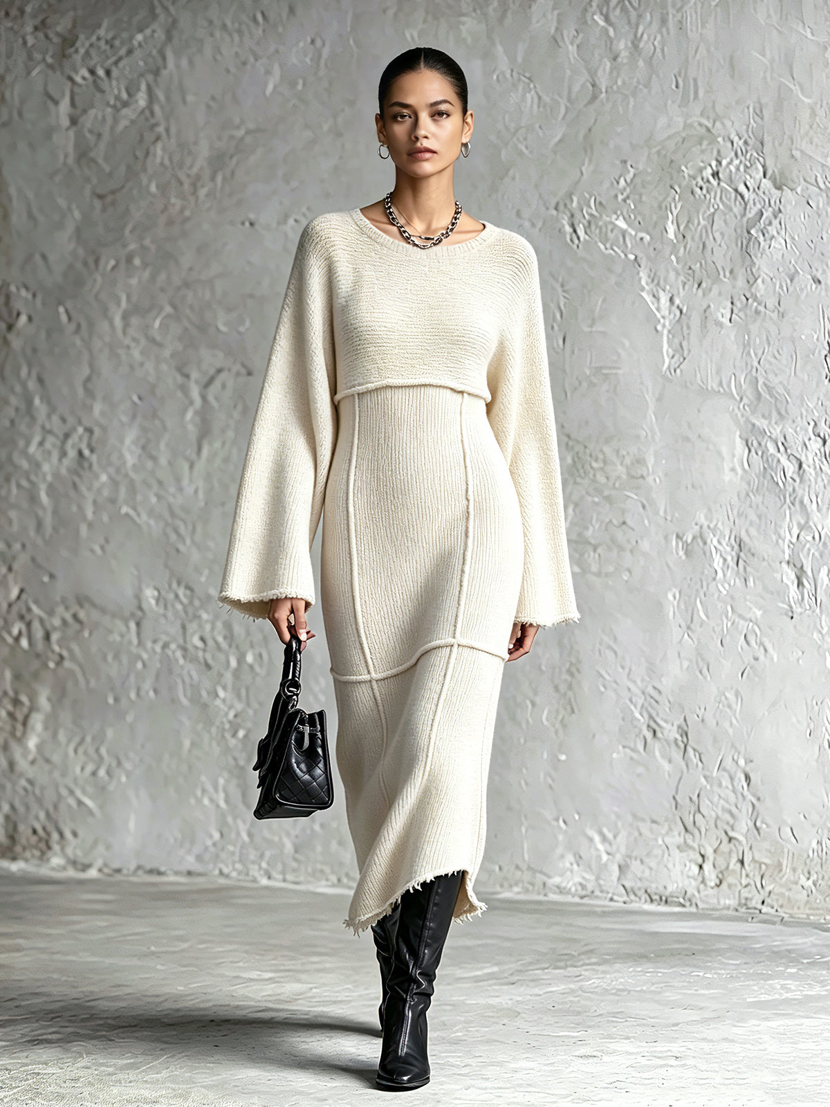Chic Elegant Cream White Round-Neck Long-Flare-Sleeve Raw Edge Detail Patch Pockets Detail A-Line Knit Midi Dress