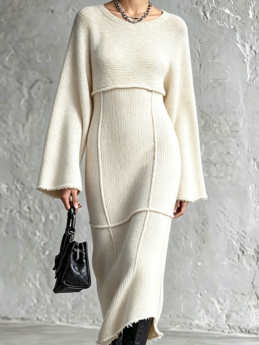 Chic Elegant Cream White Round-Neck Long-Flare-Sleeve Raw Edge Detail Patch Pockets Detail A-Line Knit Midi Dress